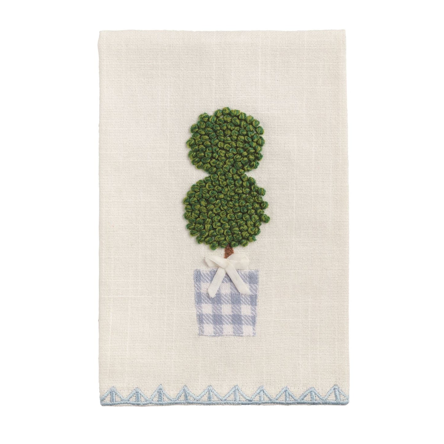 White cotton tea towel with embroidered topiary, blue-checkered pot, white bow, blue zigzag border. Size: 20" x 28".