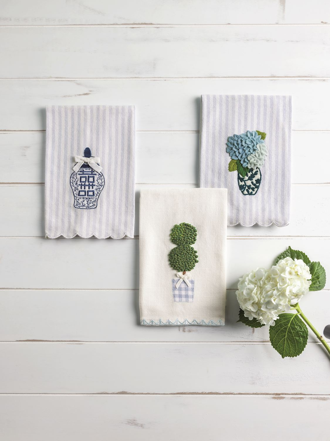 Embroidered Topiary Tea Towel in cotton, available in standard kitchen size. Features topiary embroidery.