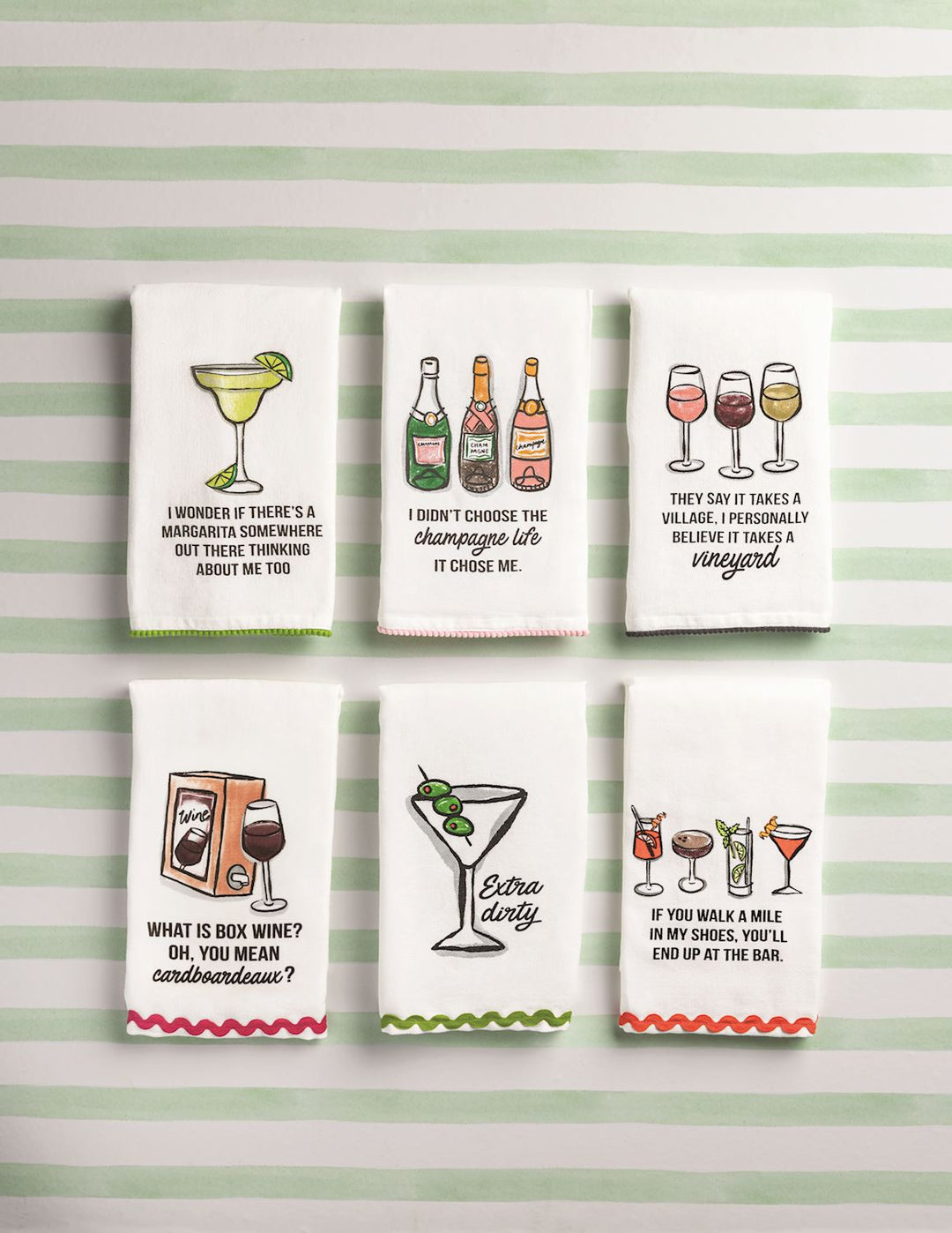 Set of six bar towels with ric-rac trim, drink-themed prints, and humorous quotes. Available sizes: 18"x28".