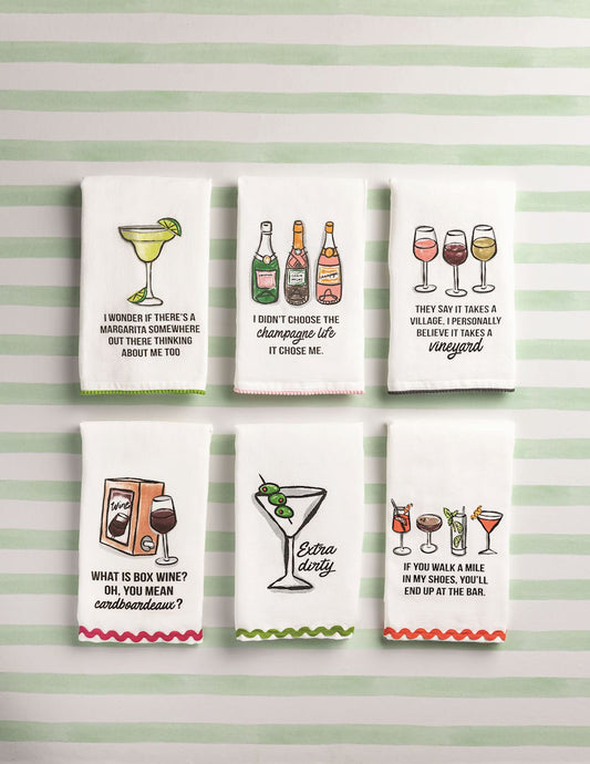 Set of six bar towels with ric-rac trim, drink-themed prints, and humorous quotes. Available sizes: 18"x28".