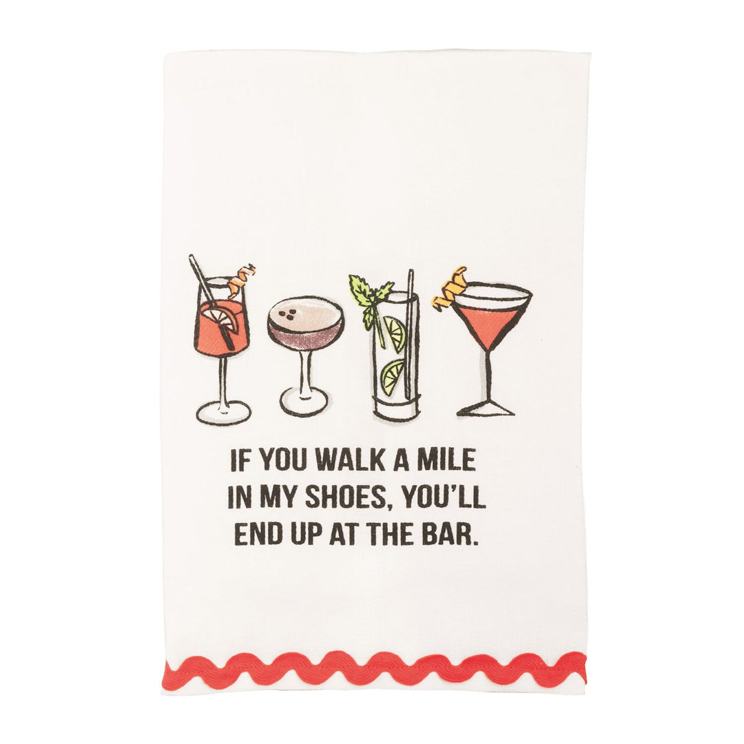 White cotton kitchen towel, four cocktail prints, bar quote, red ric-rac trim. Sizes: One size.