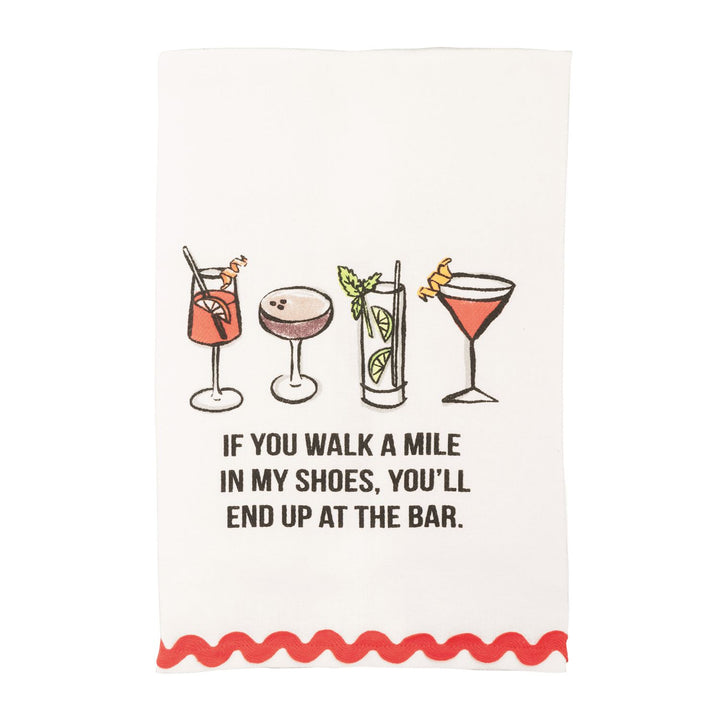 White cotton kitchen towel, four cocktail prints, bar quote, red ric-rac trim. Sizes: One size.