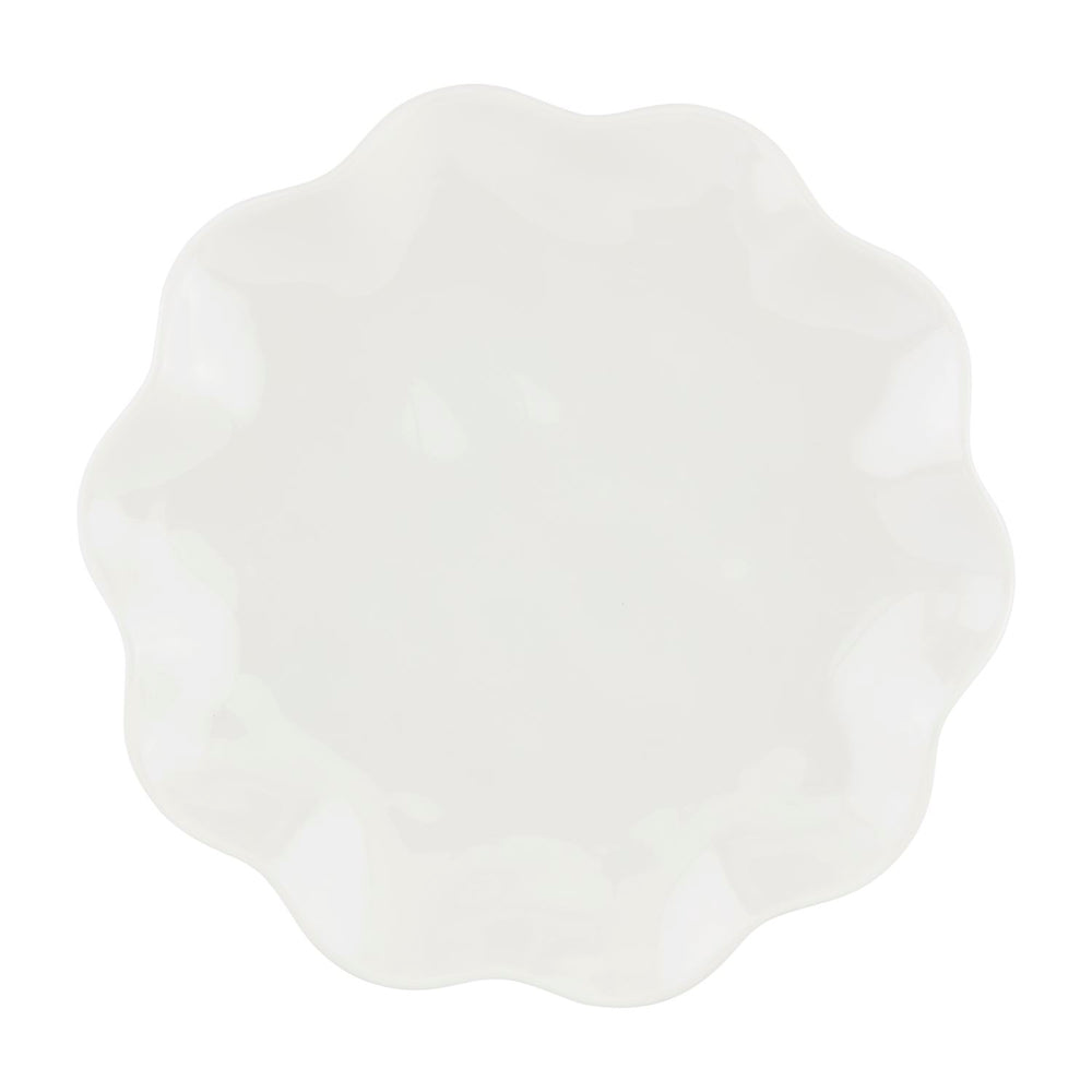 White melamine plates with wavy, scalloped edges; available in multiple sizes; durable and unbreakable.