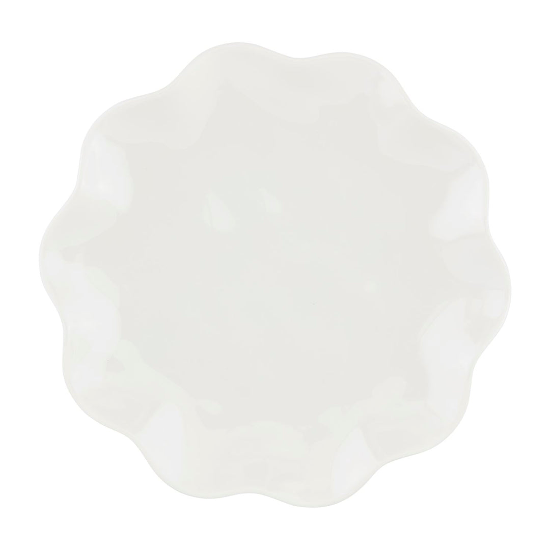 White melamine plates with wavy, scalloped edges; available in multiple sizes; durable and unbreakable.