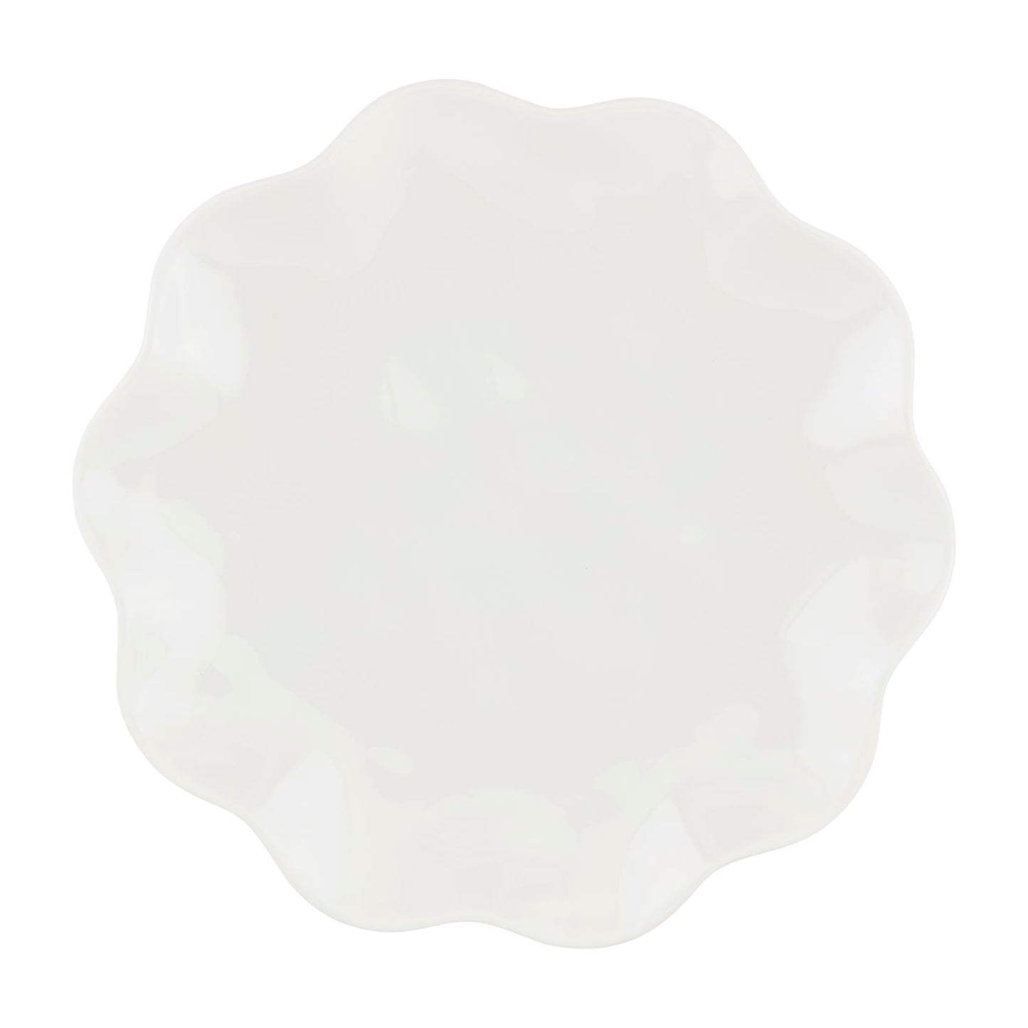 White melamine plates with wavy, scalloped edges; available in multiple sizes; durable and unbreakable.