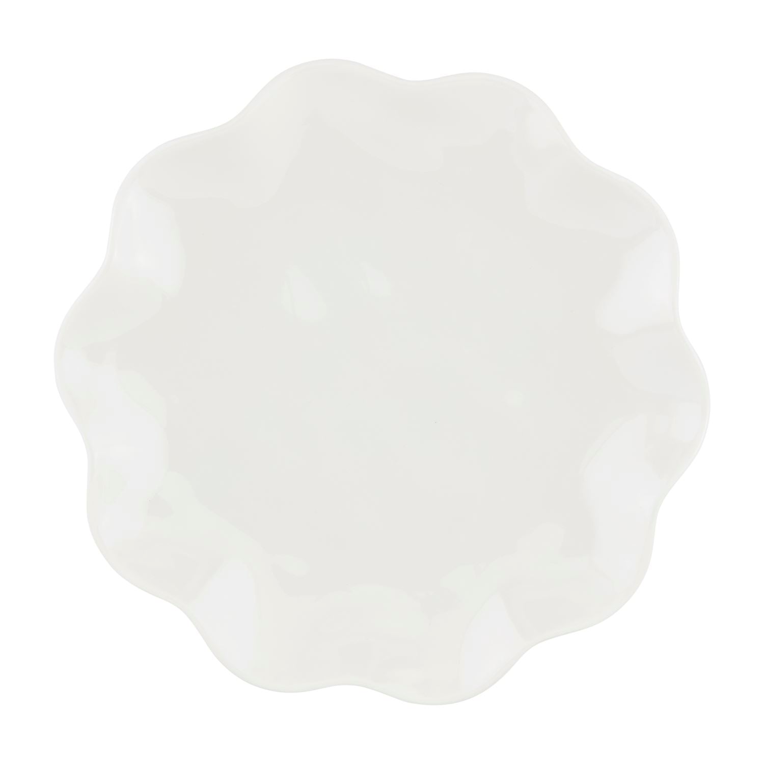White melamine plates with wavy, scalloped edges; available in multiple sizes; durable and unbreakable.