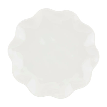 White melamine plates with wavy, scalloped edges; available in multiple sizes; durable and unbreakable.