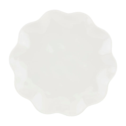 White melamine plates with wavy, scalloped edges; available in multiple sizes; durable and unbreakable.