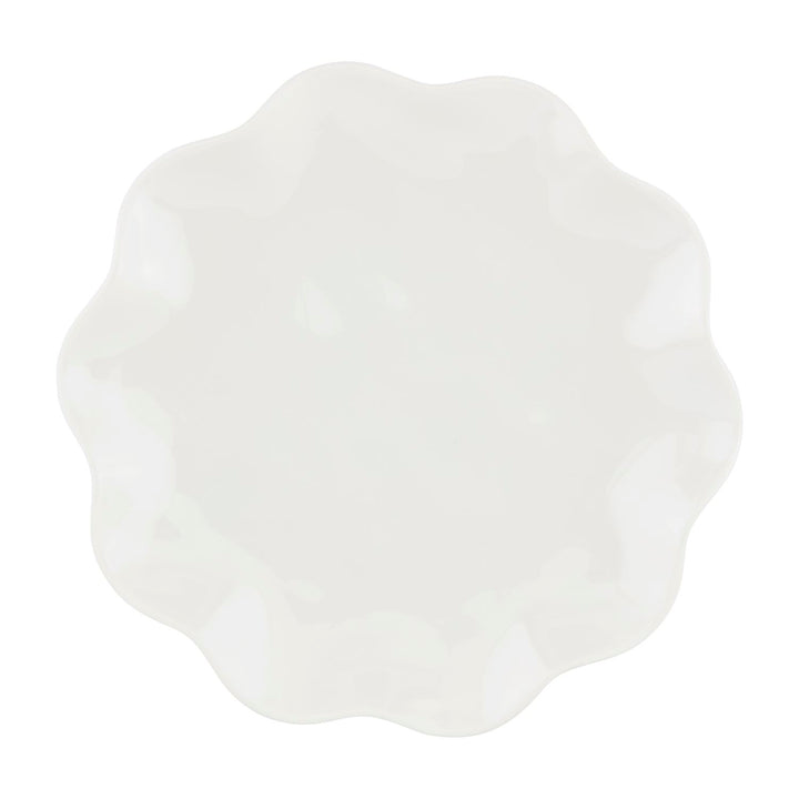White melamine plates with wavy, scalloped edges; available in multiple sizes; durable and unbreakable.