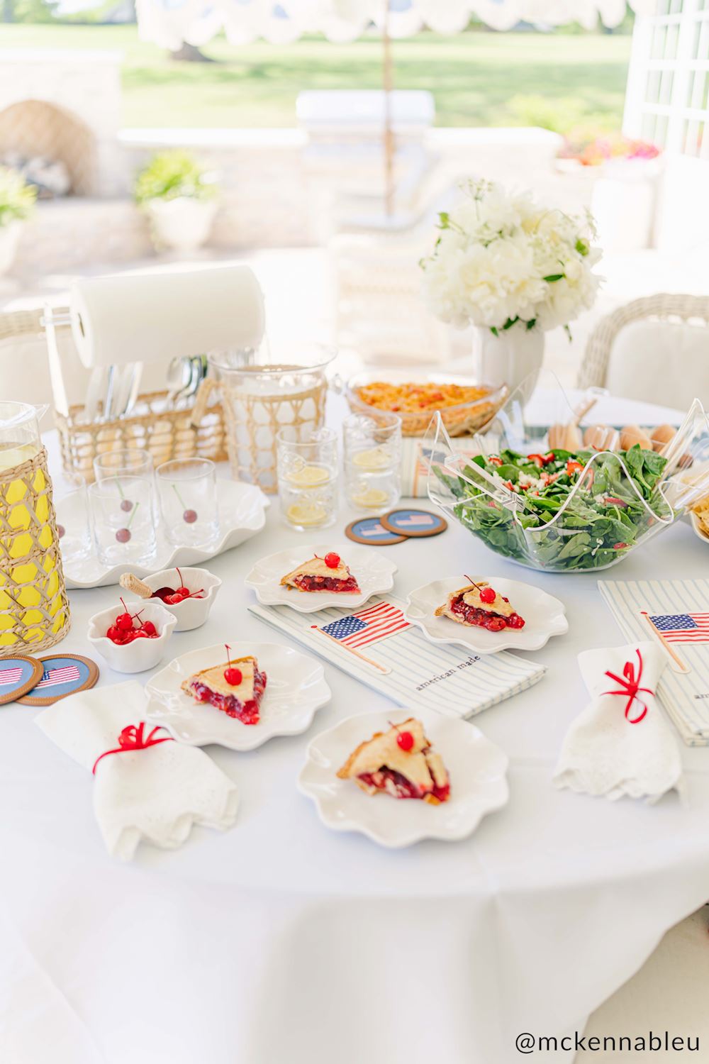Ruffle Melamine Plates, shown with cherry pie and flags. Available sizes: dinner, salad, and dessert.