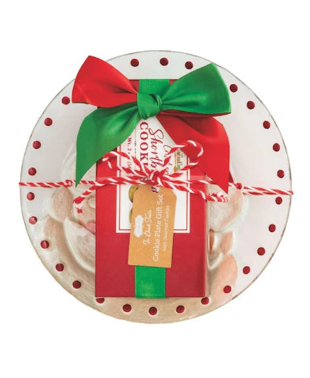 Holiday Gourmet Cookie Plate Set with Santa ceramic tray and ribboned shortbread box.