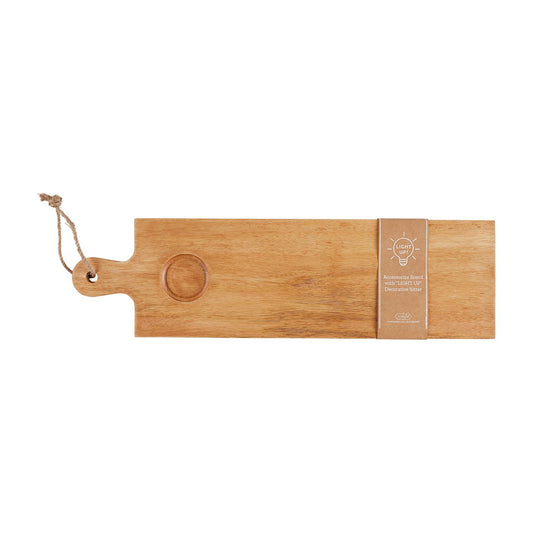 Rectangular mango wood paddle board with handle, round groove, hanging rope, paper label. Available sizes: 12", 16".