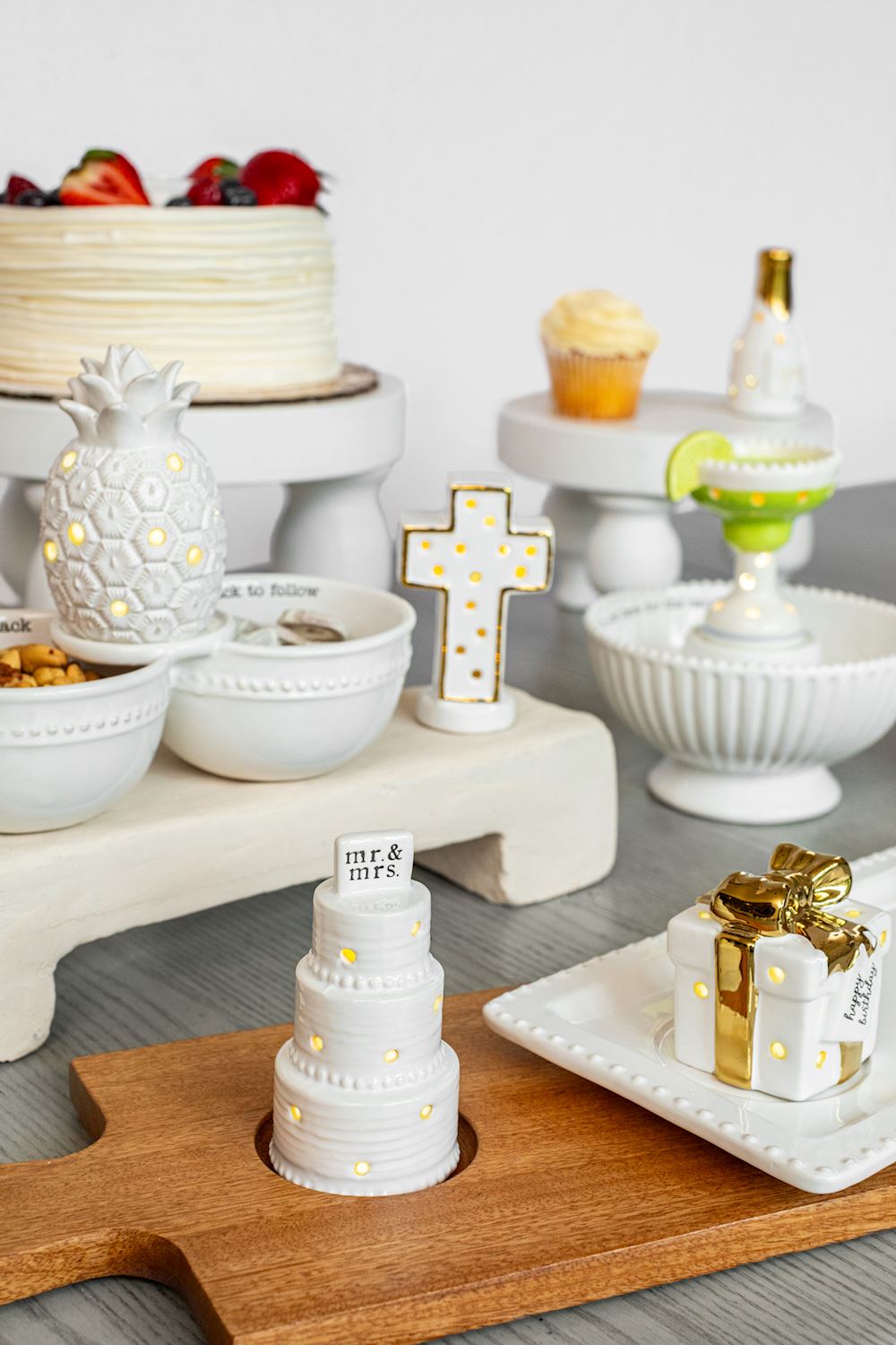 White serving board for light-up sitters; available sizes: small, medium, large.