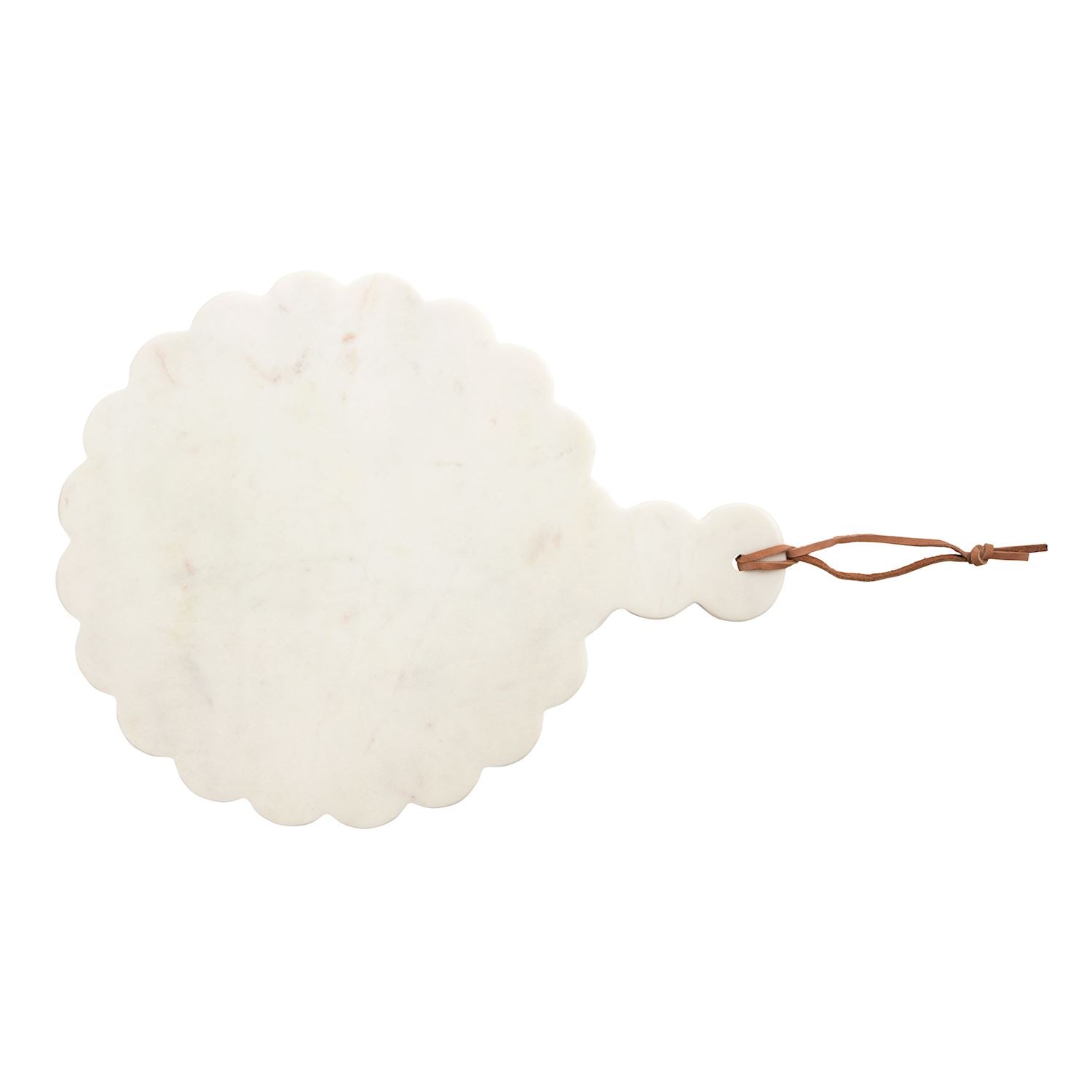 Scalloped Marble Board in white marble with scalloped edge, handle, and brown leather loop. Available in multiple sizes.