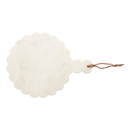 Scalloped Marble Board in white marble with scalloped edge, handle, and brown leather loop. Available in multiple sizes.