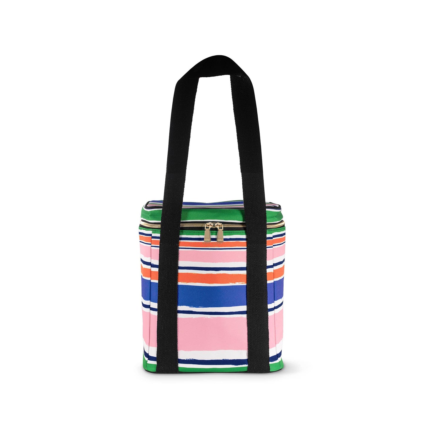 Rectangular soft-sided wine cooler, ocean-stripe pattern, black handles, top zipper. Available sizes: small, medium, large.