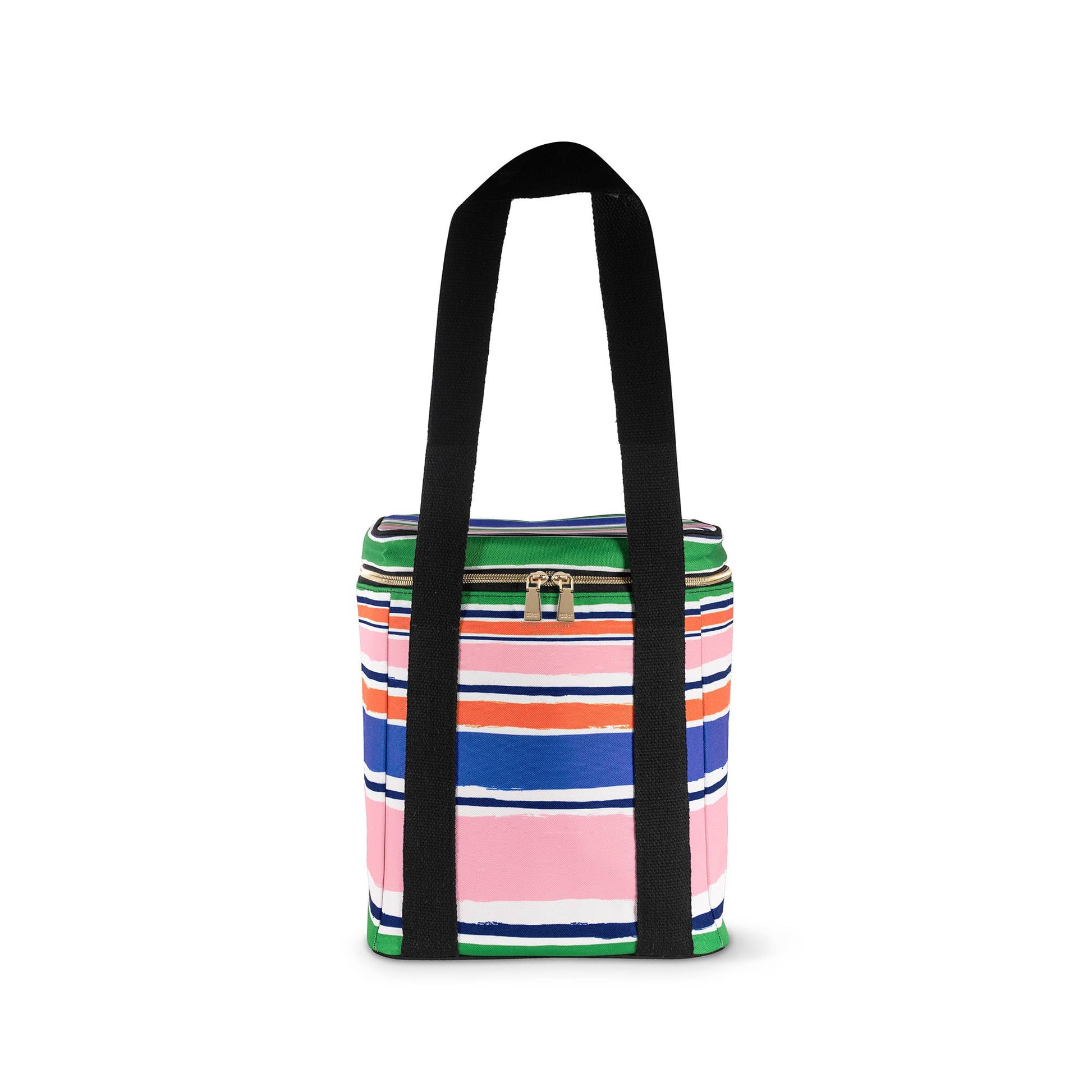 Rectangular soft-sided wine cooler, ocean-stripe pattern, black handles, top zipper. Available sizes: small, medium, large.