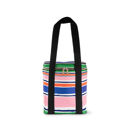 Rectangular soft-sided wine cooler, ocean-stripe pattern, black handles, top zipper. Available sizes: small, medium, large.