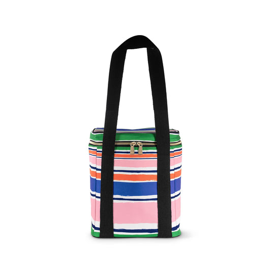 Rectangular soft-sided wine cooler, ocean-stripe pattern, black handles, top zipper. Available sizes: small, medium, large.