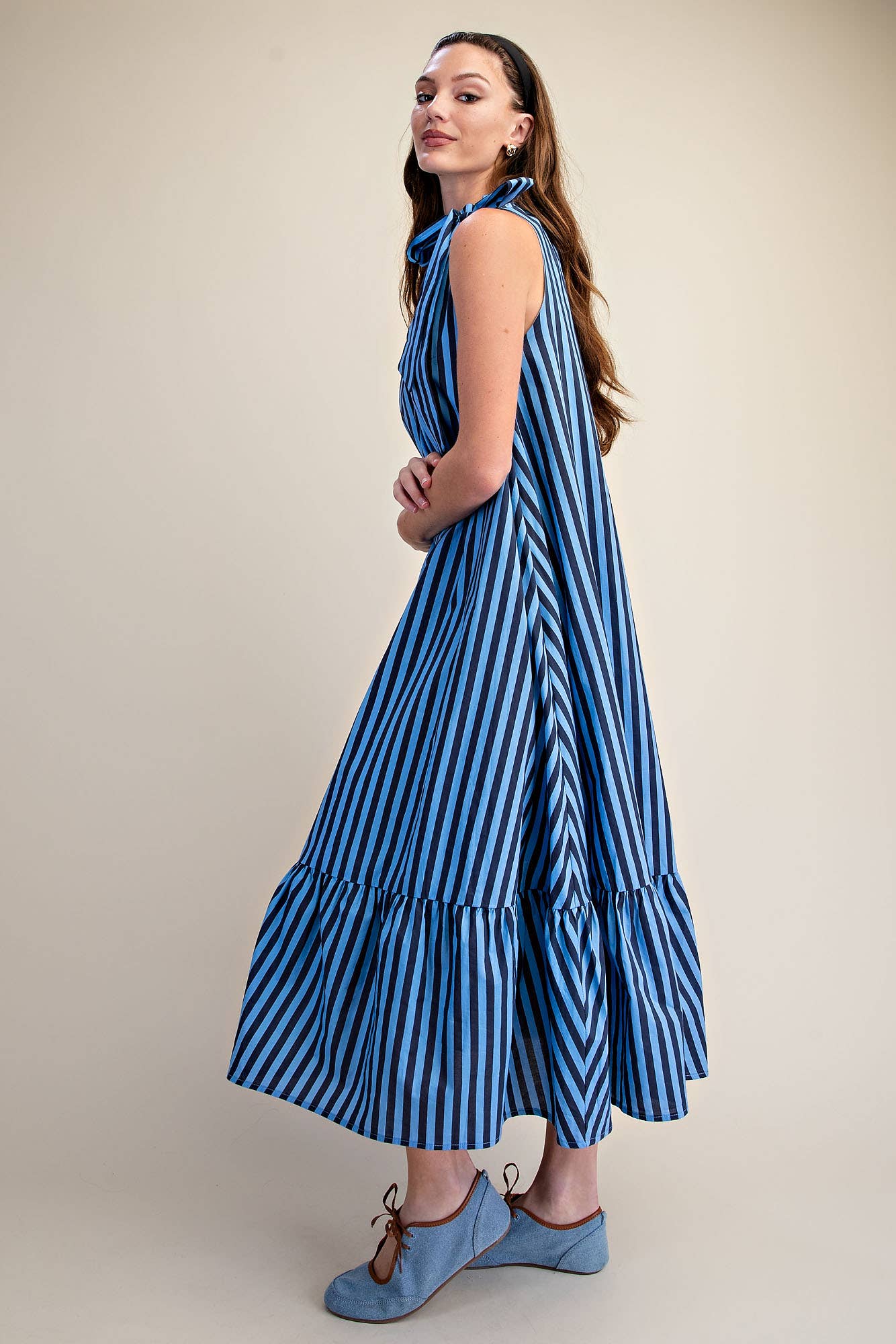 Stripe Midi Dress with sleeveless ruffle neck tie in navy; available in sizes XS–XL.