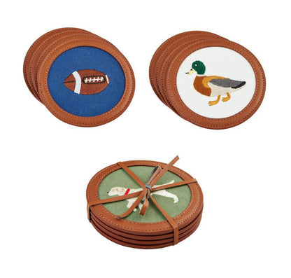Embroidered Icon Coaster Sets: Circular needlepoint embroidery coasters with stitched images. Three styles available:
- Football on blue background
- Duck on white background
- Bone on green background (bundled with faux leather trim strap)
Sizes: One size fits all.