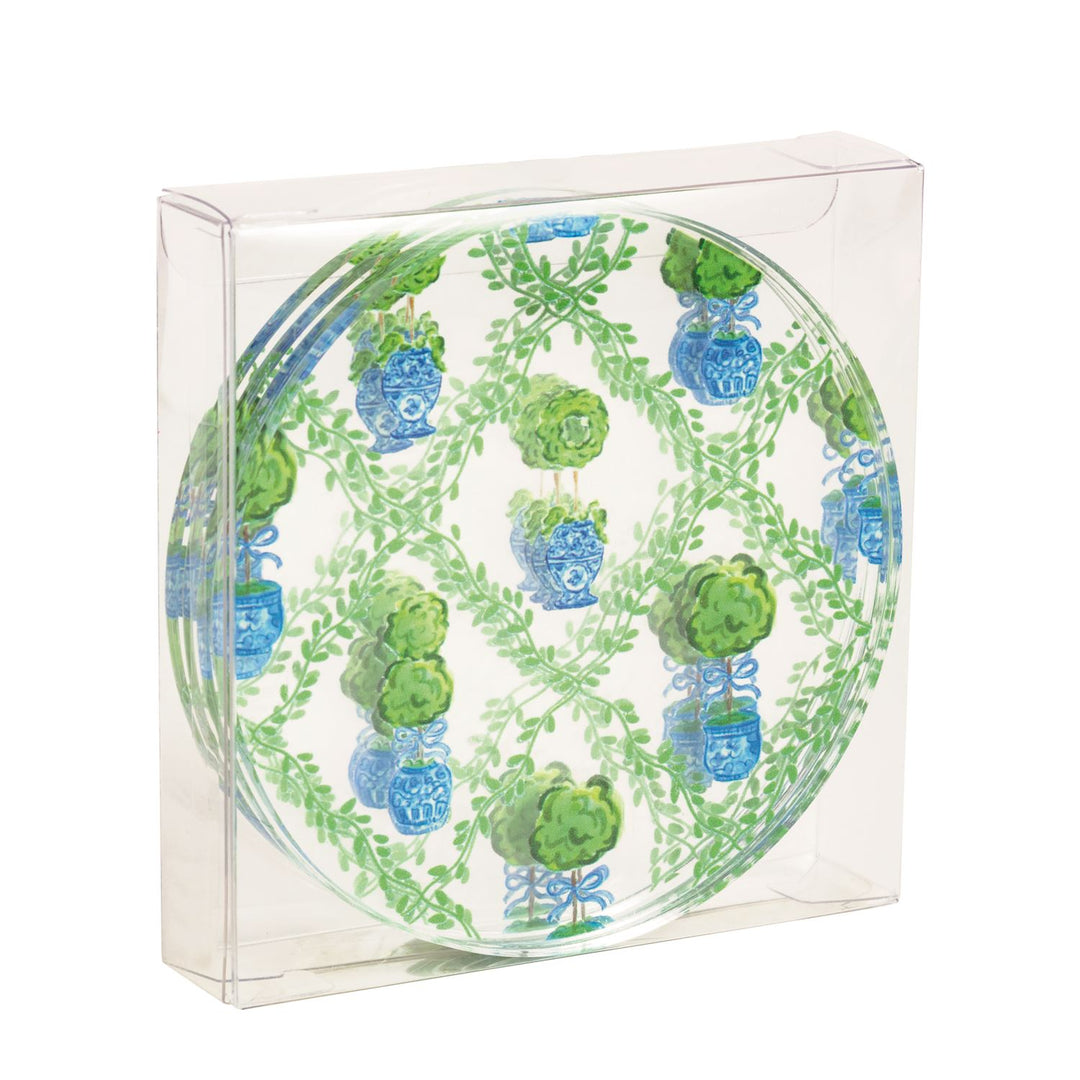 Topiary Coaster Set: round coasters with green lattice pattern in a clear box; available in multiple sizes.