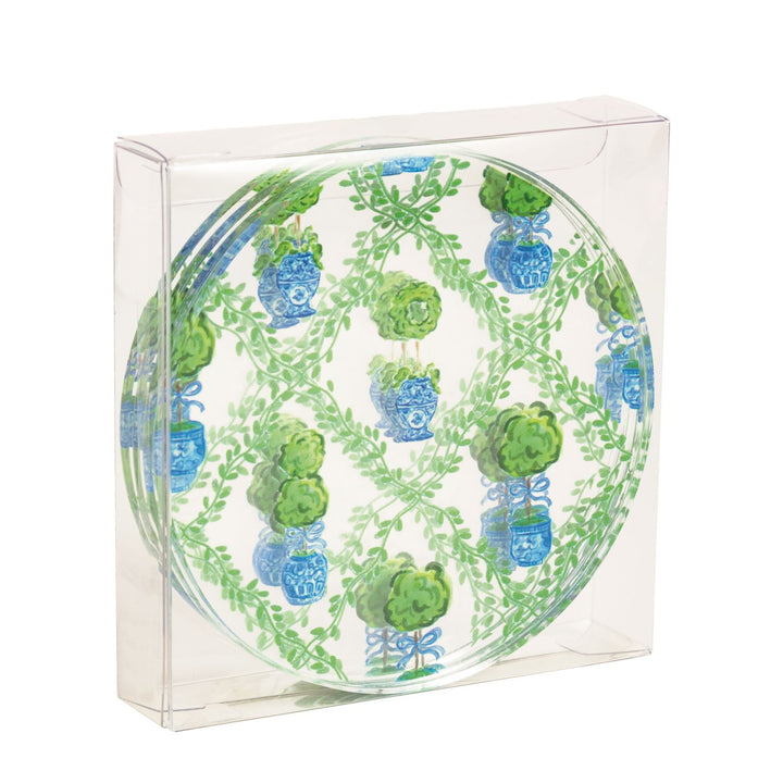 Topiary Coaster Set: round coasters with green lattice pattern in a clear box; available in multiple sizes.