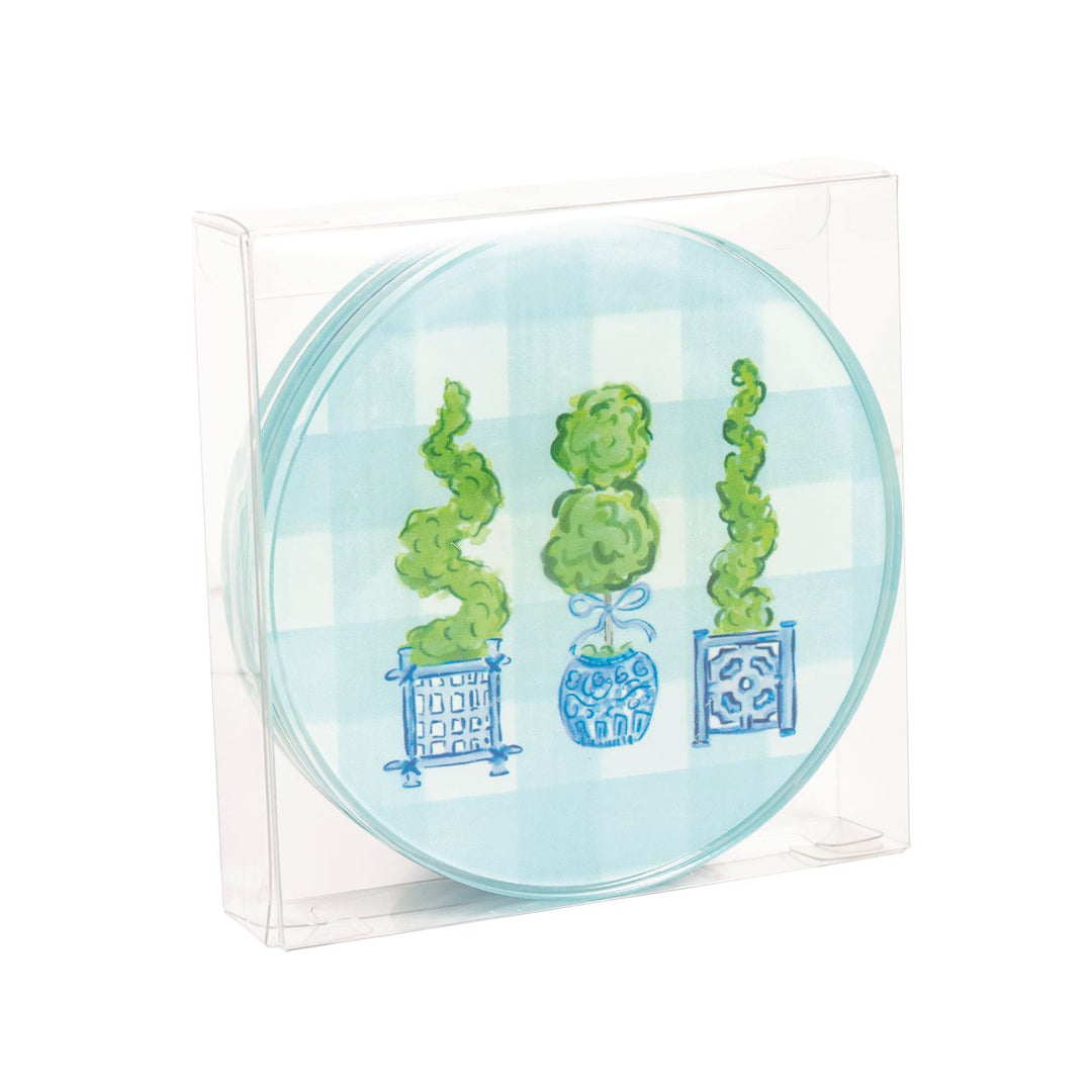 Round acrylic coasters with three potted topiaries, set includes multiple sizes, packaged in a clear plastic box.