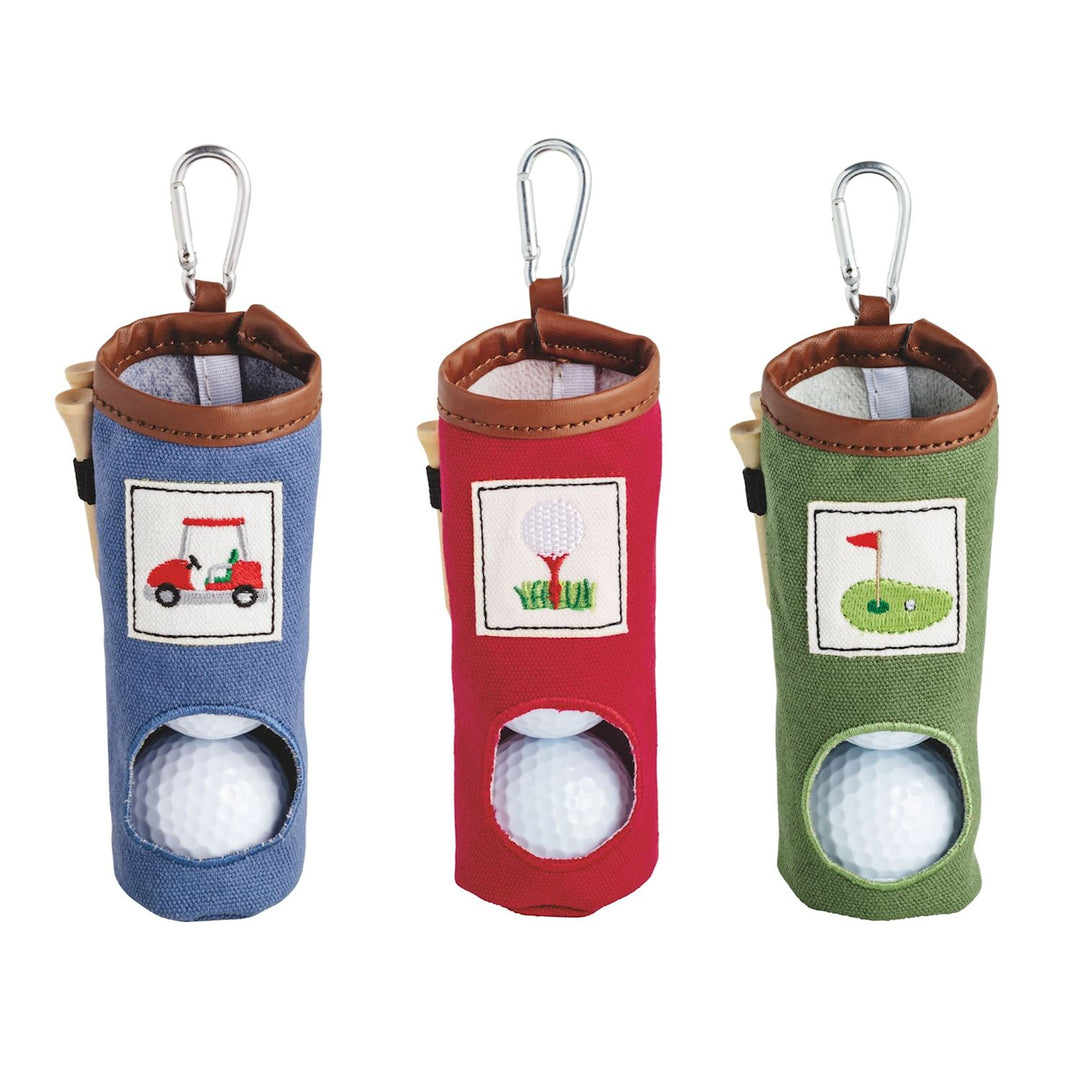 Embroidered Golf Keychain set: three fabric holders with clips, blue, red, green, unique golf designs. Sizes: standard only.