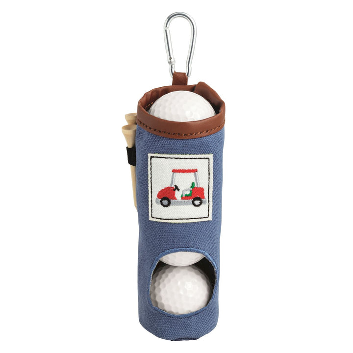 Blue embroidered golf keychain with brown trim, red golf cart patch, holds balls and tees, metal clip. Sizes: S, M, L.