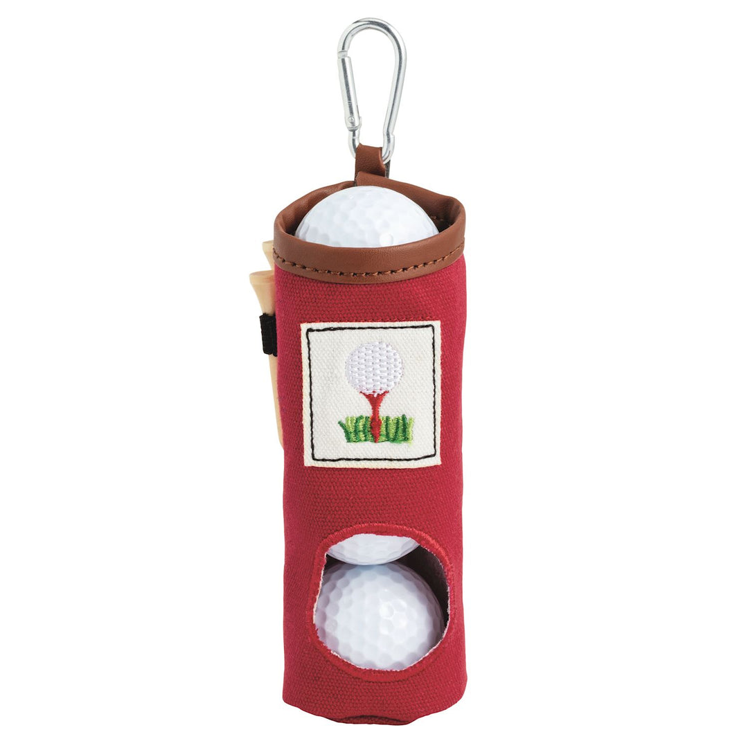 Red fabric golf keychain with brown trim, metal clip, tees, golf balls, and patch. Sizes available: S/M/L.