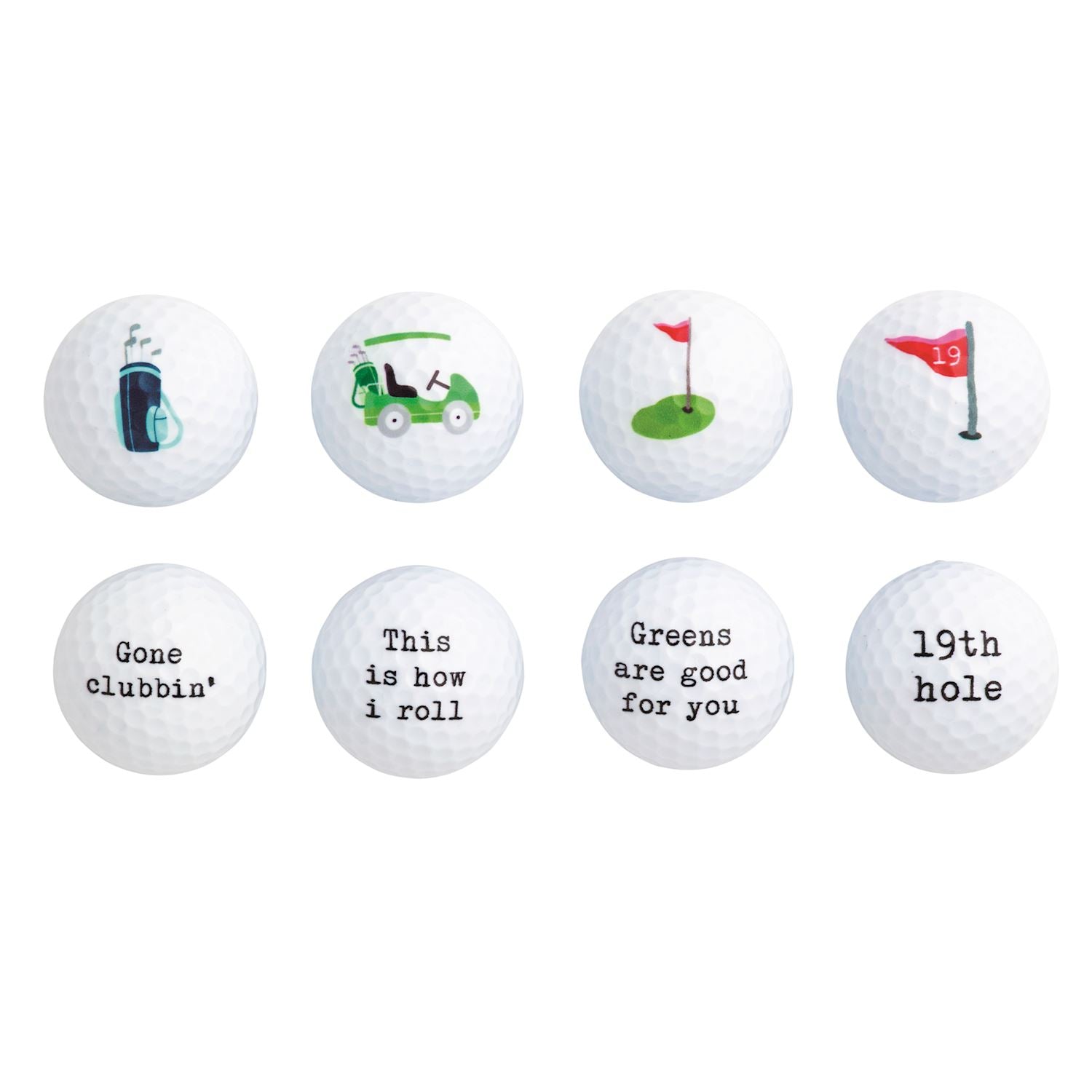 Set of 8 premium golf balls with unique designs; available in standard size.