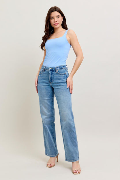 Judy Blue Tummy Control Vintage Wash Straight jeans. Available in sizes 0-24W.