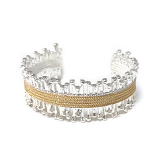 Myra Silver Bangle: wide cuff with beaded edges and central gold trim. Available in S, M, L sizes.