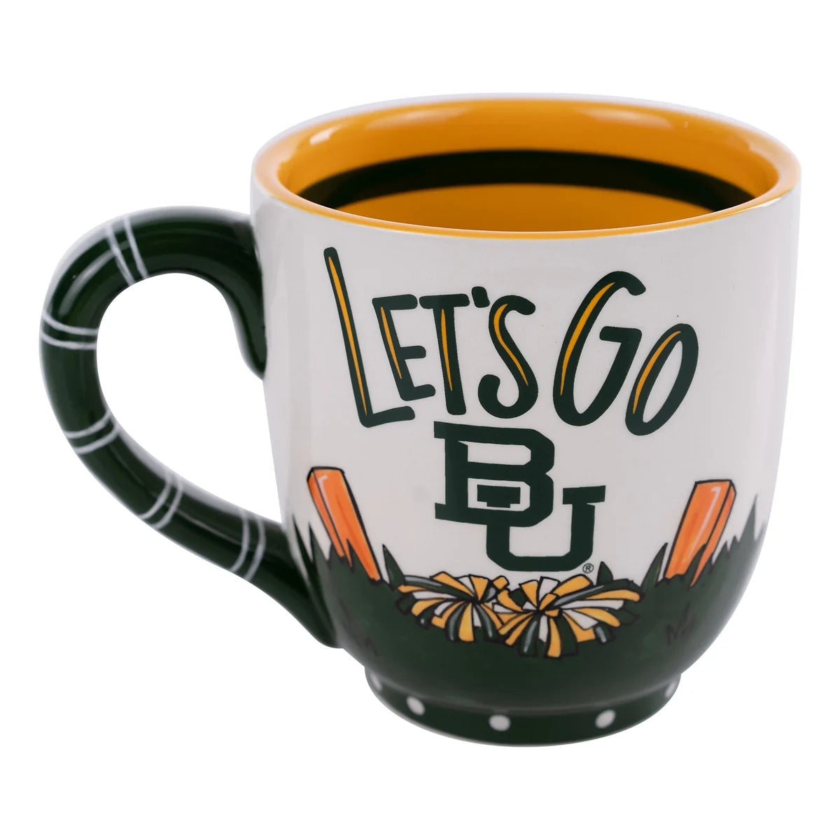 Let's Go Baylor Mug: white ceramic, "Let's Go BU" in yellow/green, pom-poms, green handle/rim. Available in 11oz and 15oz.