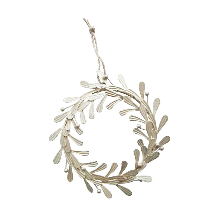 11” Round Metal Leaves &amp; Berries Wreath, Distressed Pewter with jute hanging cord.