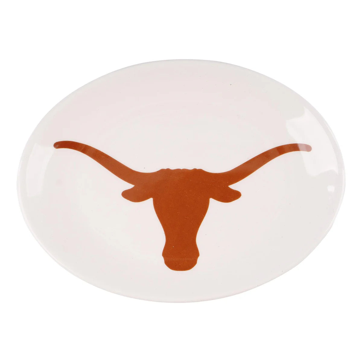 **University of Texas Trinket Dish**

A white oval plate featuring a burnt orange longhorn steer head silhouette in the center. Perfect for holding trinkets. Size available: One size.