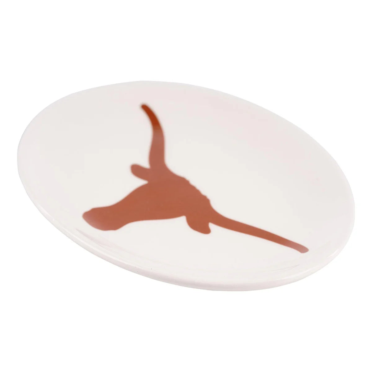 A white round plate featuring a brown silhouette of a longhorn steer head in the center. Available sizes: One Size.