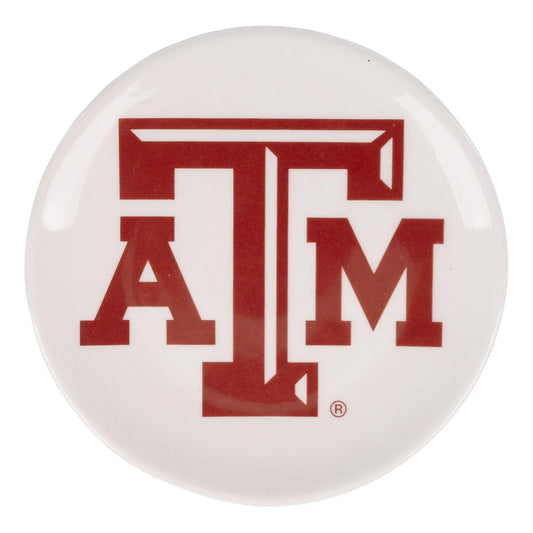 Circular logo featuring red "ATM" with a larger central "T" in bold font on white background, inspired by the Texas A&M Trinket Tray. Available sizes: Small, Medium, Large.