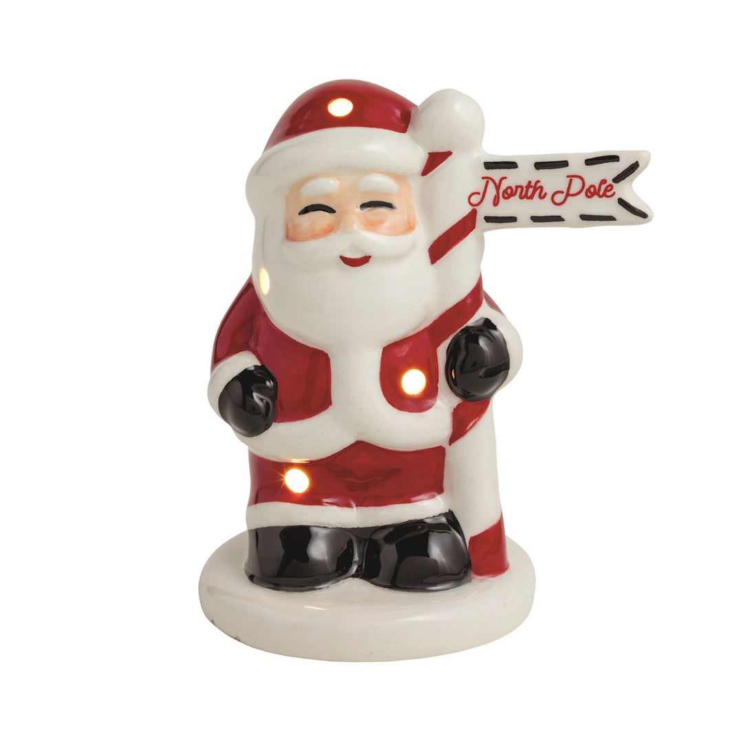 Hand-painted ceramic Santa LED Sitter with North Pole sign and internal lights.