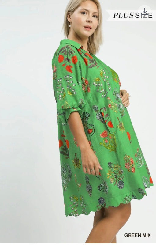 Floral Encyclopedia Print Mini Dress in green mix, botanical print, scalloped hem, long sleeves. Sizes: plus size.