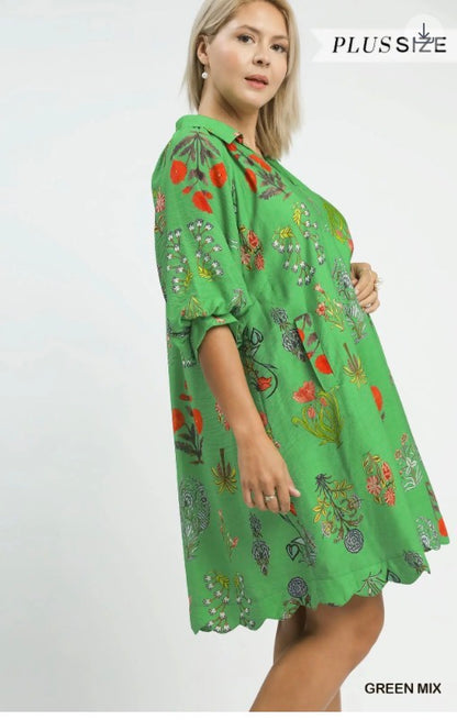 Floral Encyclopedia Print Mini Dress in green mix, botanical print, scalloped hem, long sleeves. Sizes: plus size.