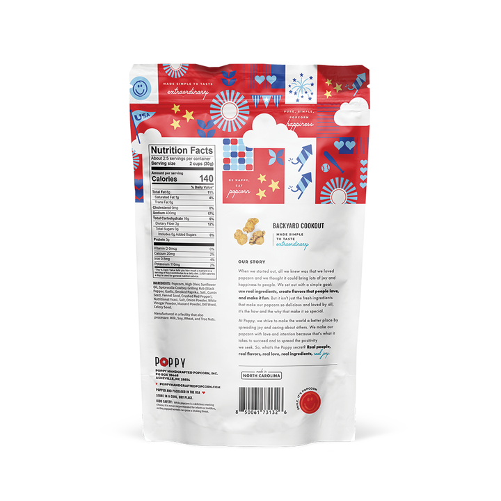 Back of Backyard Cookout Popcorn bag with nutrition info, ingredients, and grilling spice flavor. Available in multiple sizes.