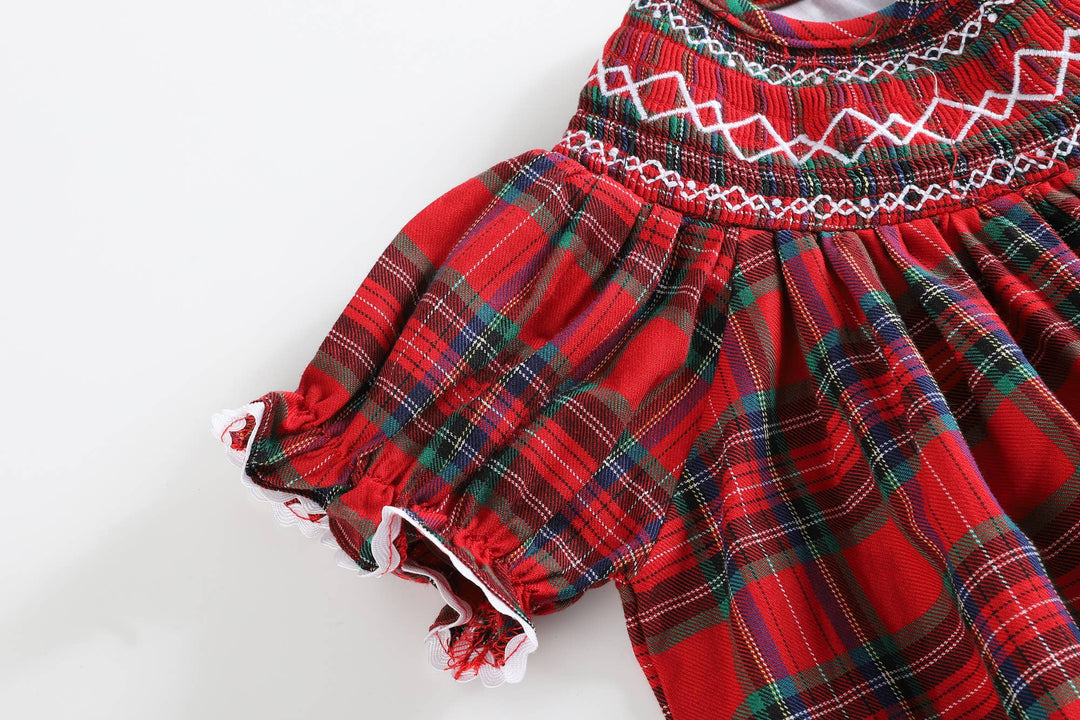 Red Christmas Plaid Smocked Bishop Dress in 2T; cotton, puffed sleeves, white ruffled cuffs, and red, white &amp; green chest smocking.