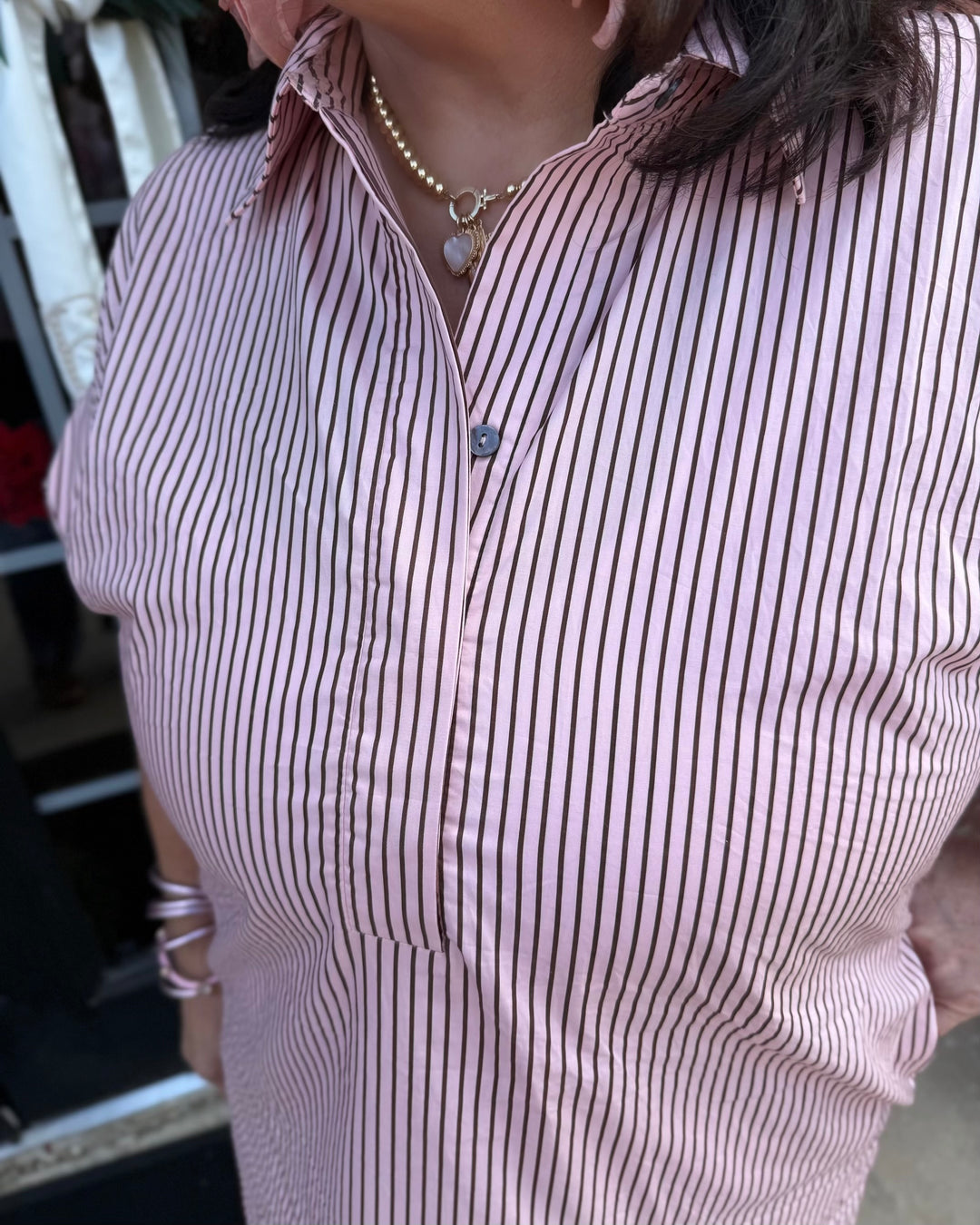 Pink &amp; Brown Striped Polo Midi Dress with vertical stripes, collar, and button-front placket. Available in multiple sizes.