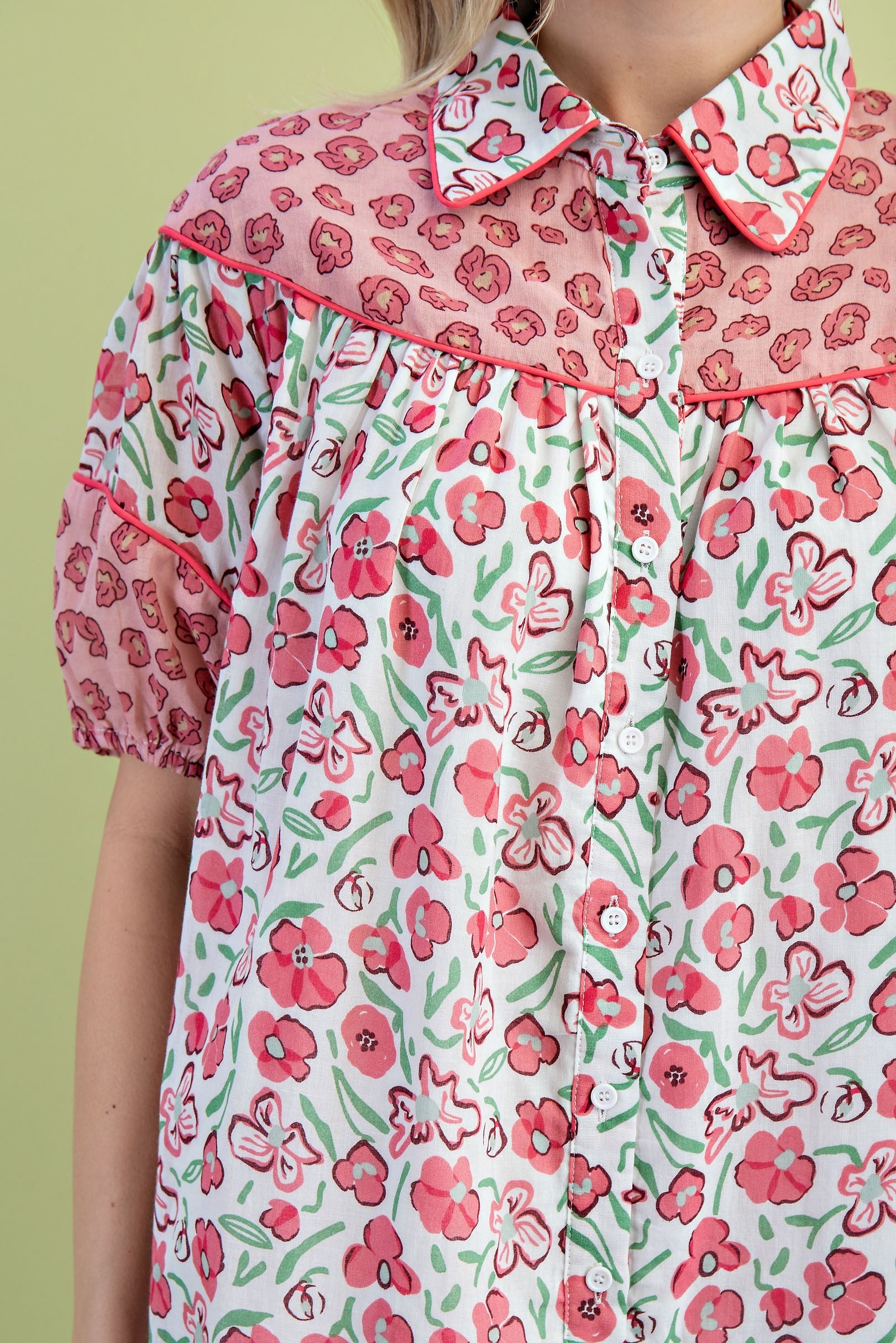 Miss Peony Floral Dress: red, pink, and white florals, pink collar and yoke, short sleeves. Available in sizes XS-XL.