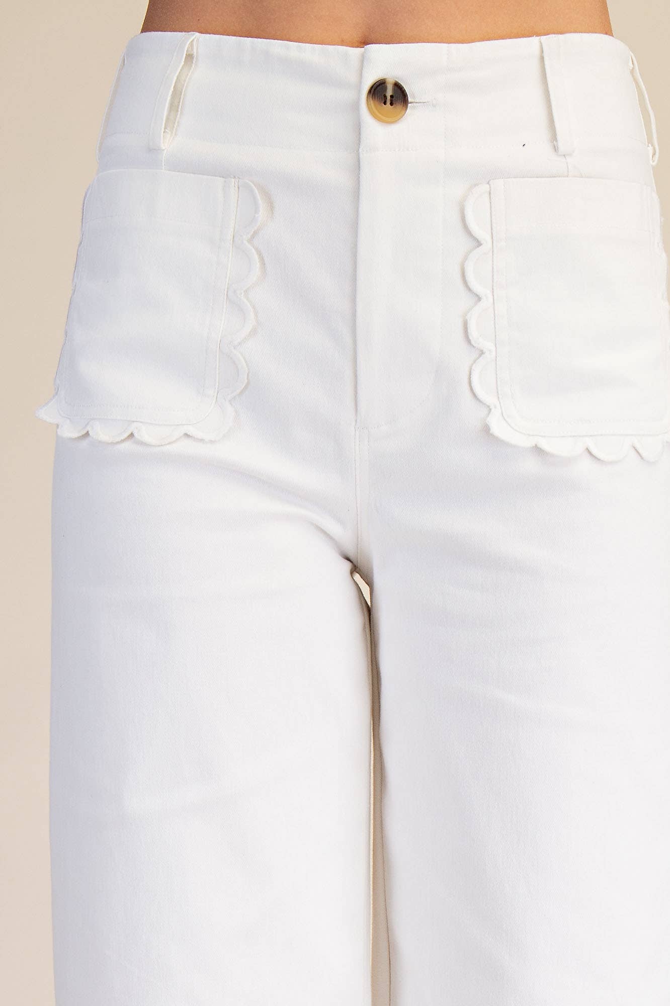 Colette White Cropped Wide-Leg Pants: high-waist, scallop pockets, button closure. Sizes XS–L.
