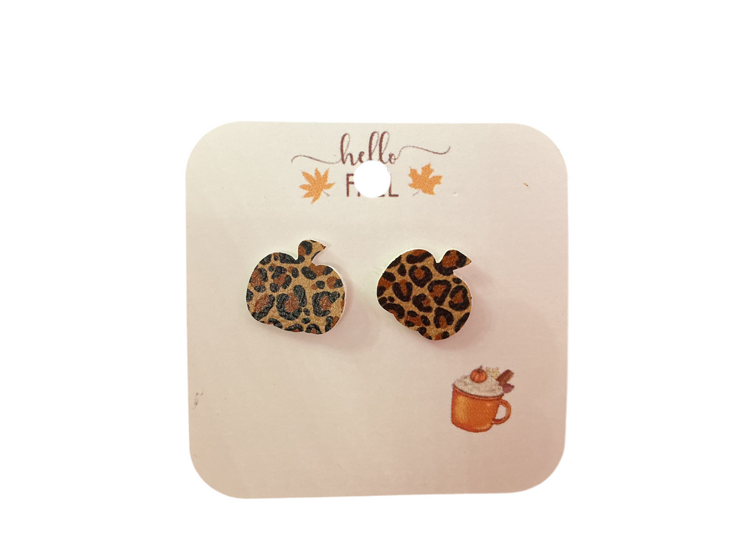 Pumpkin Cheetah stud earrings with a leopard print pattern.