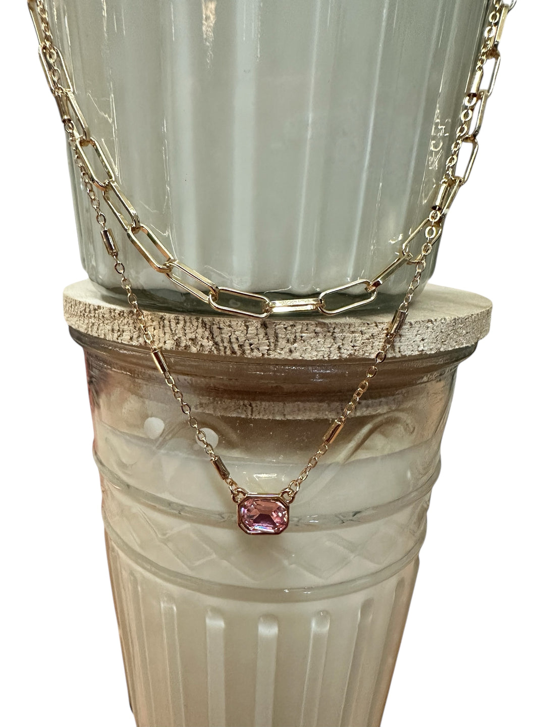 Classic gold chain link necklace and Cruise Pink Necklace with pink pendant; available in 16", 18", and 20" lengths.