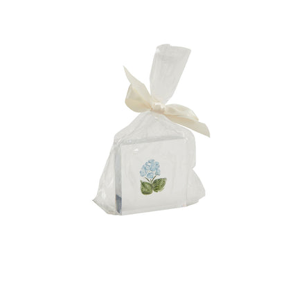 Square napkins featuring vibrant colors and a blue hydrangea design with green leaves, packaged in a Spring Acrylic Block. Sizes available: not specified.